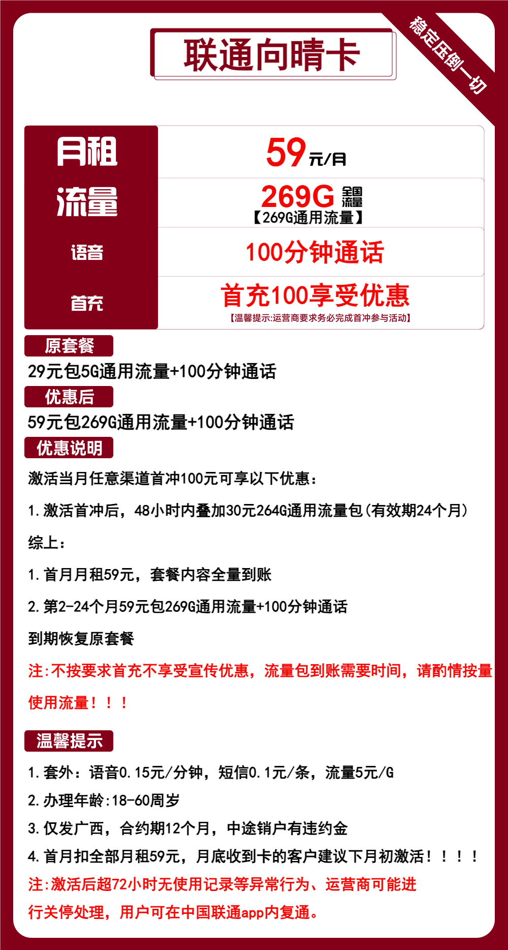 联通向晴卡59元包269G通用+100分钟通话