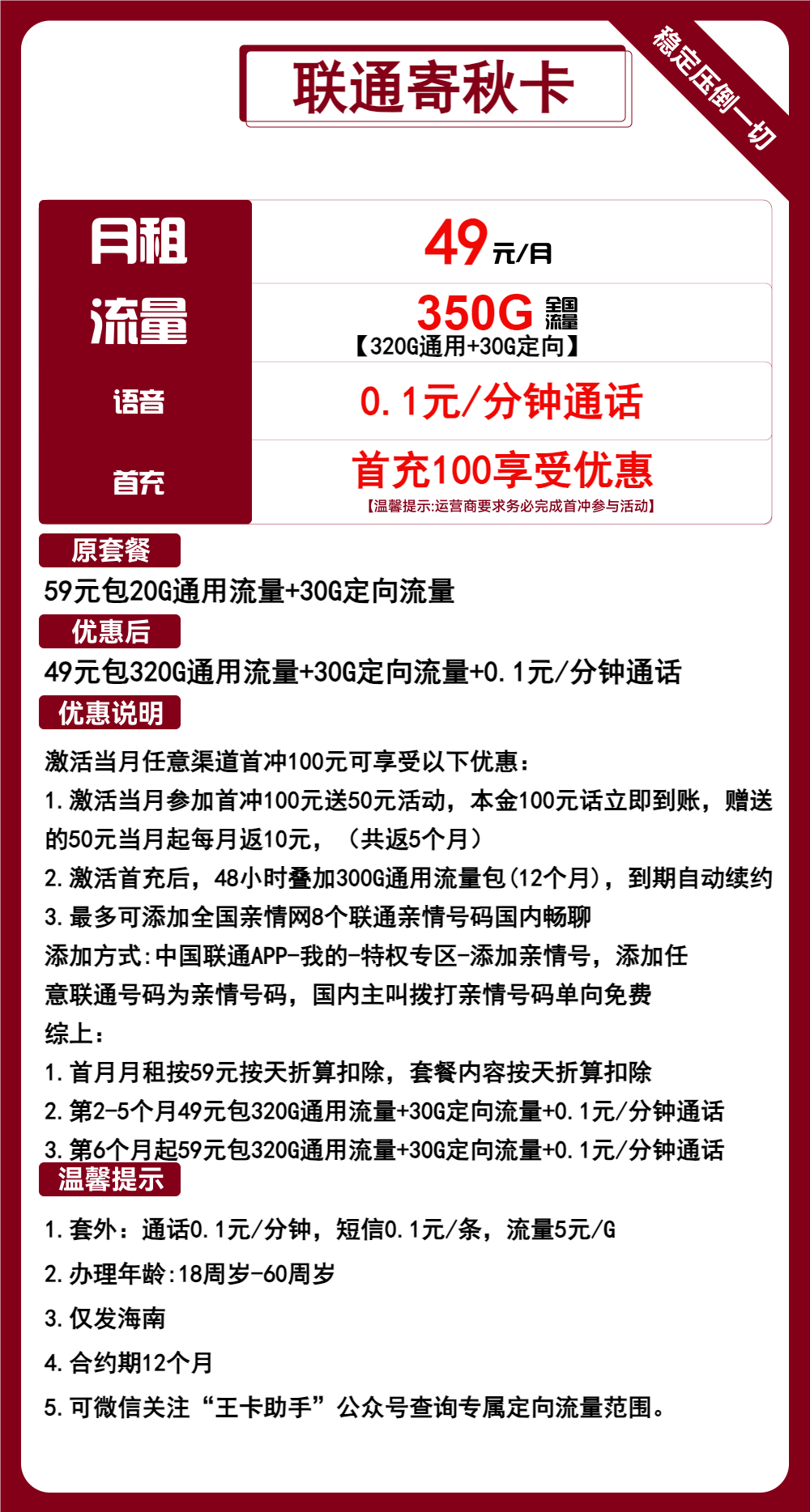 联通寄秋卡49元包320G通用+30G定向+通话0.1元/分钟