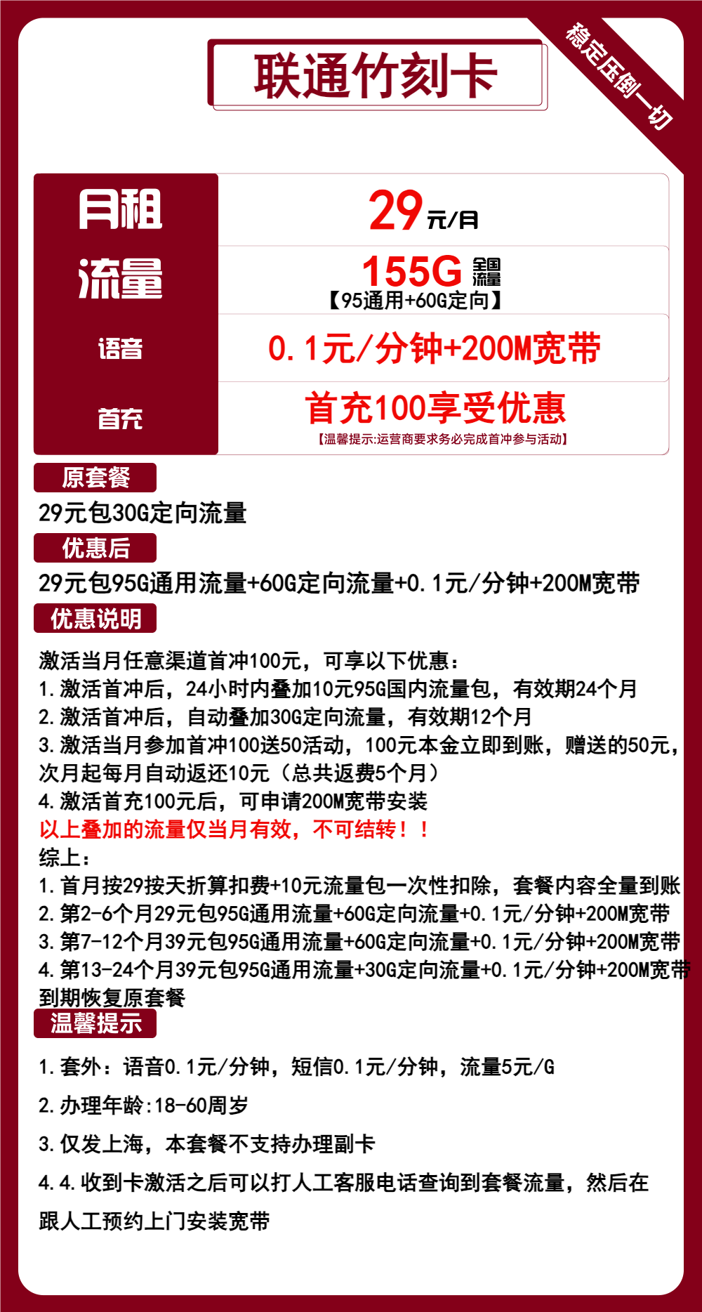联通竹刻卡29元包95G通用+60G定向+通话0.1元/分钟+宽带