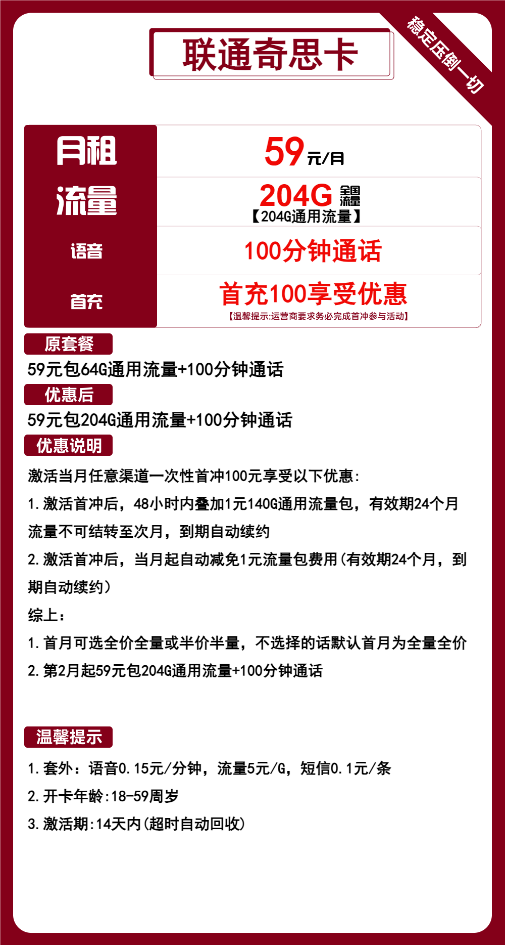 联通奇思卡59元包204G通用+100分钟通话