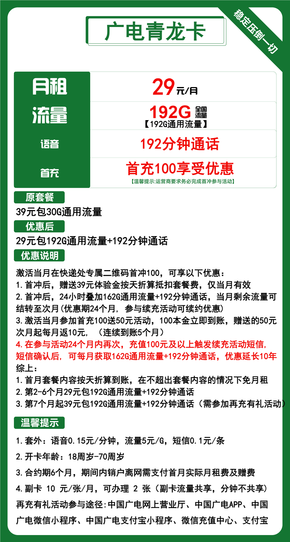 广电青龙卡29元包192G通用+192分钟通话