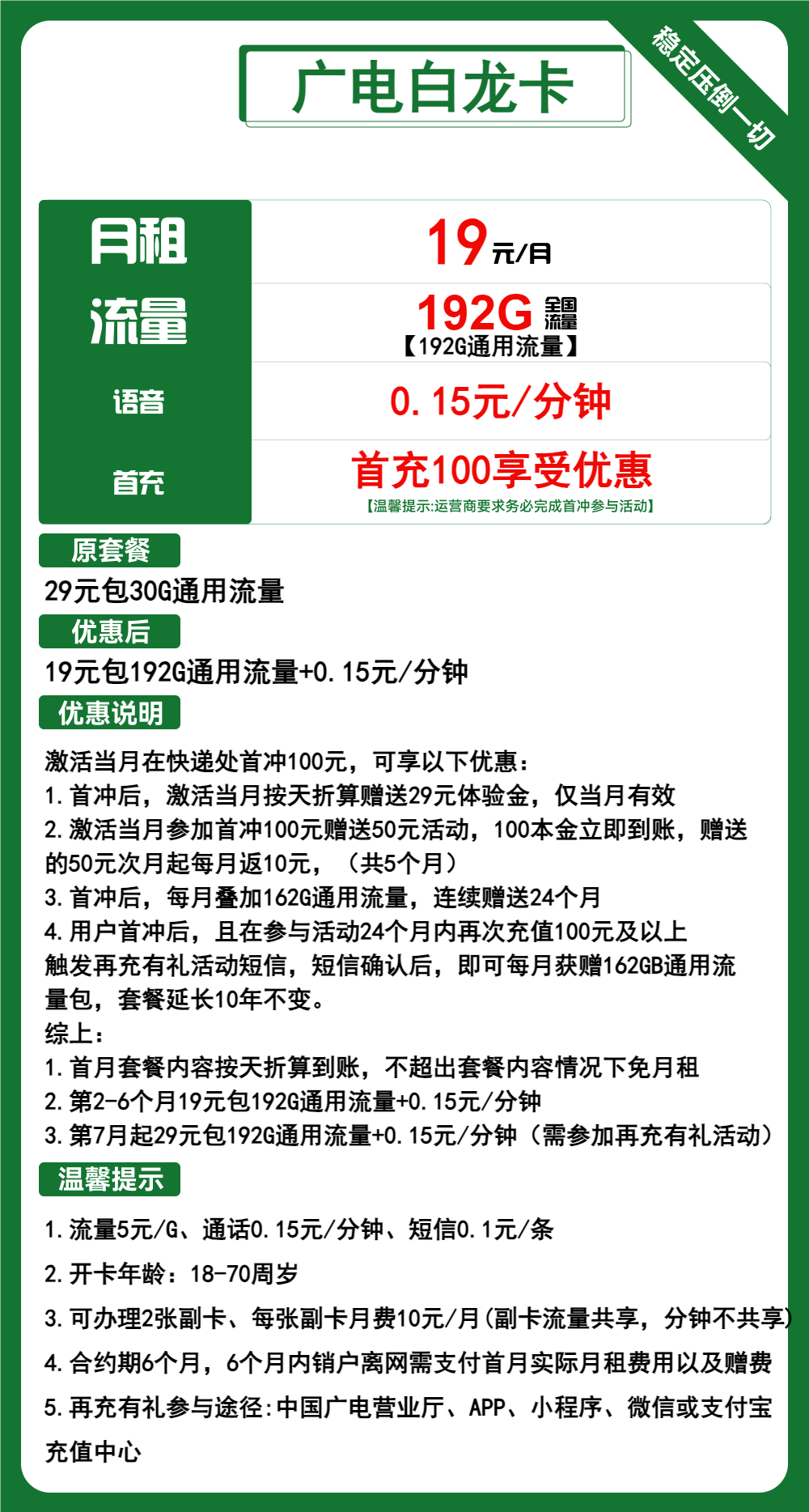 广电白龙卡19元包192G通用+通话0.15元/分钟