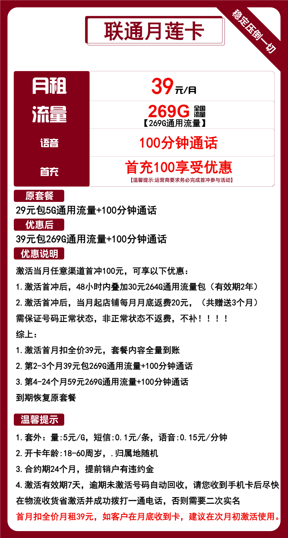 联通月莲卡39元包269G通用+100分钟通话