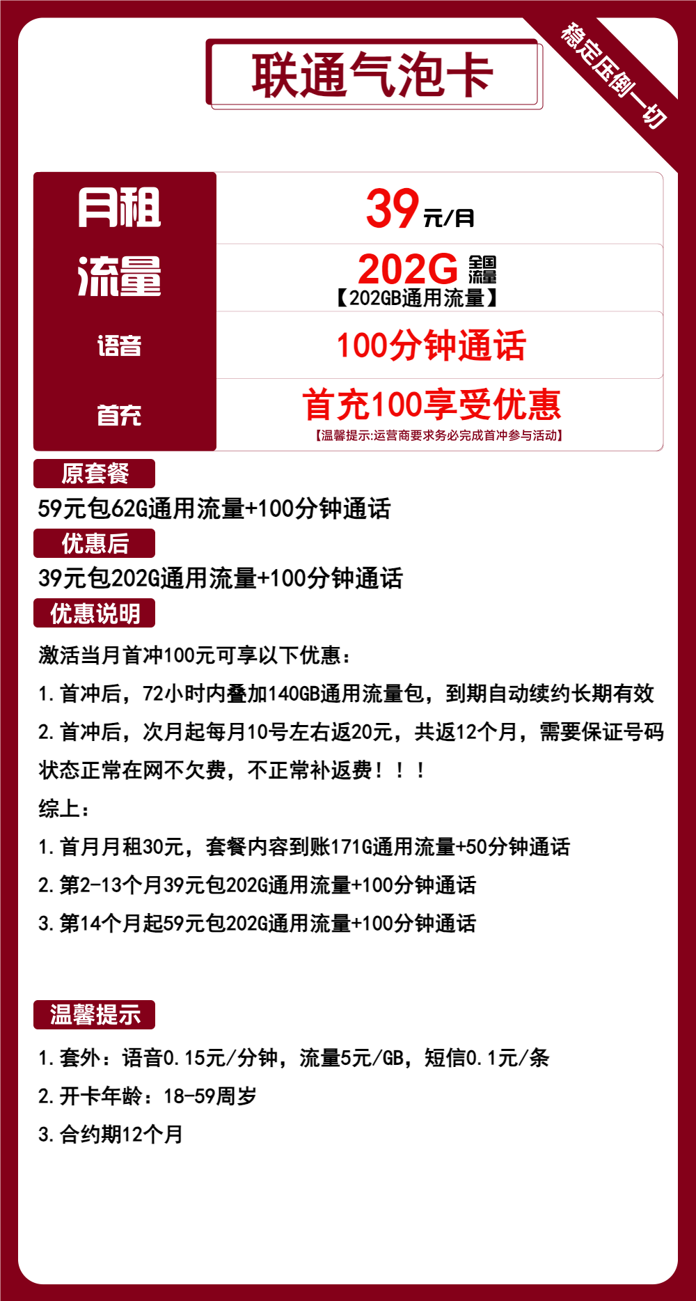 联通气泡卡39元包202G通用+100分钟通话