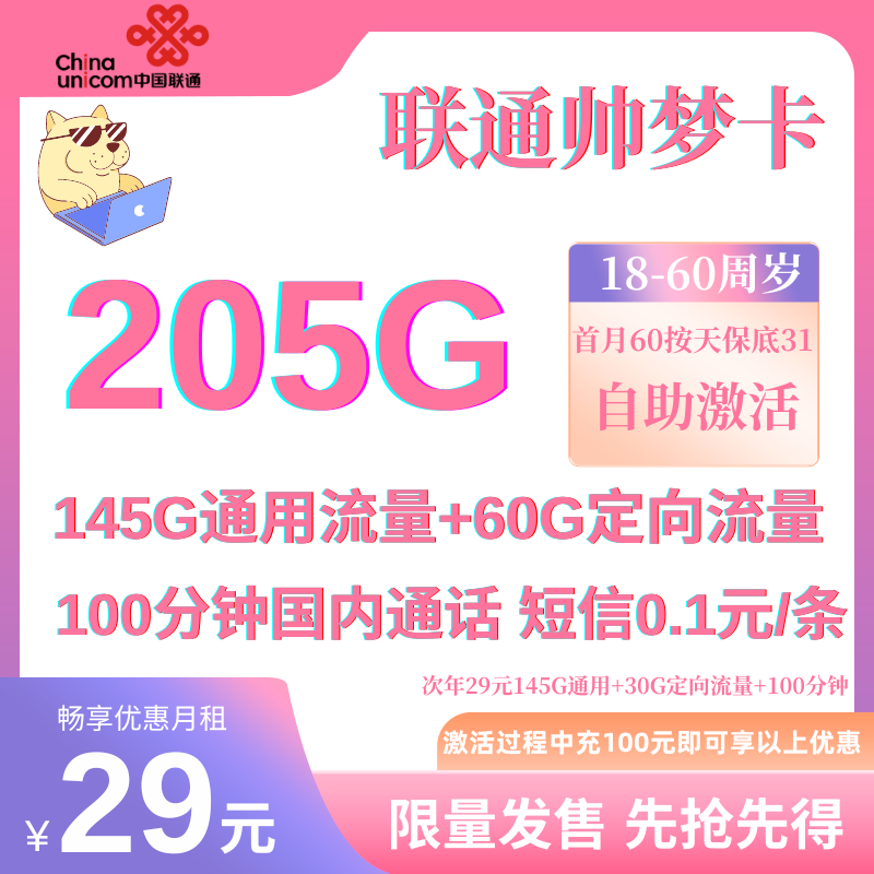 中国联通帅梦卡(限量版)首年29元145G通用流量+60G定向流量+100分钟通话(限量发售)