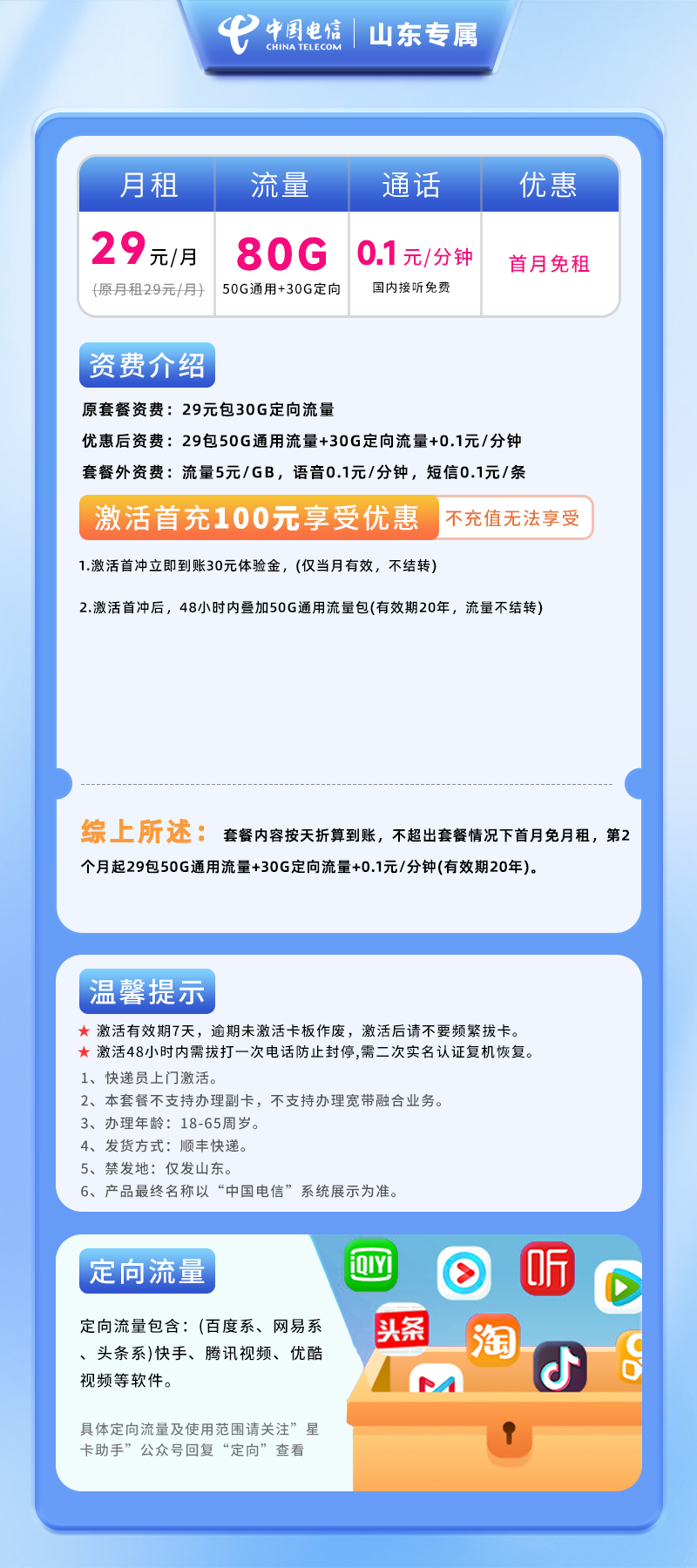 山东专属卡29元包50G通用+30G定向+通话0.1元/分钟