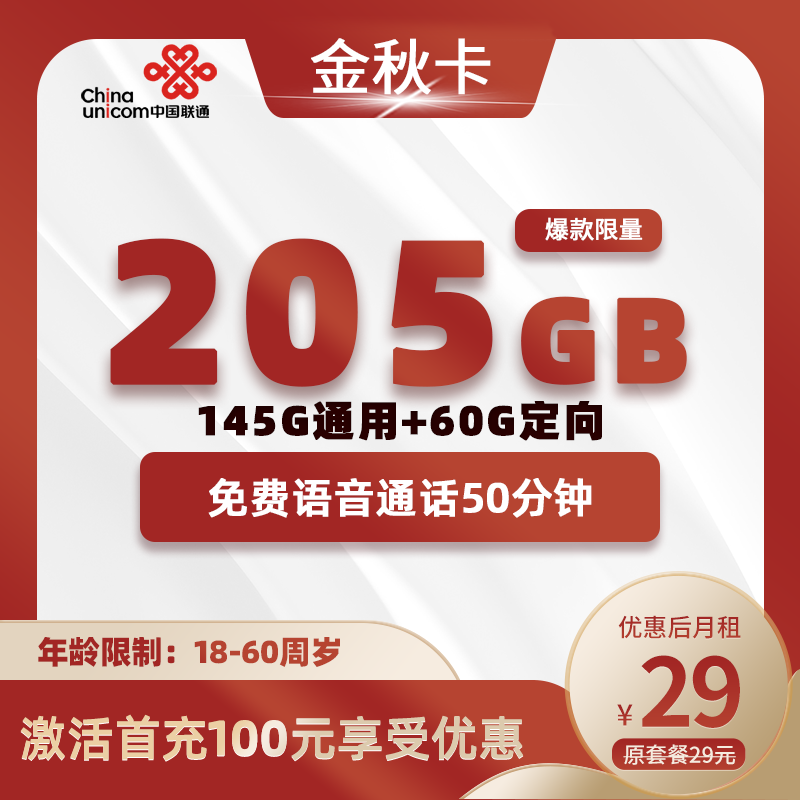 联通金秋卡29元包145G通用+60G定向+50分钟通话