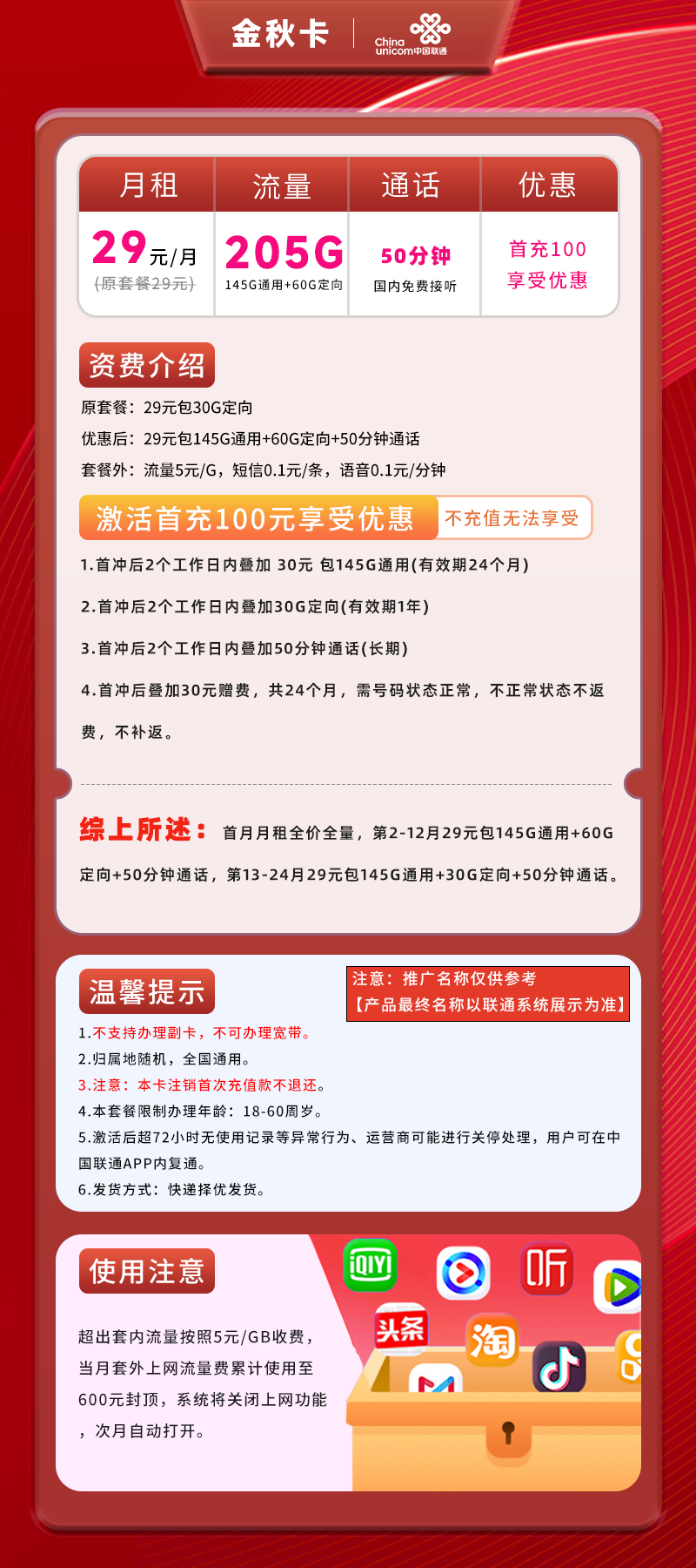 联通金秋卡29元包145G通用+60G定向+50分钟通话