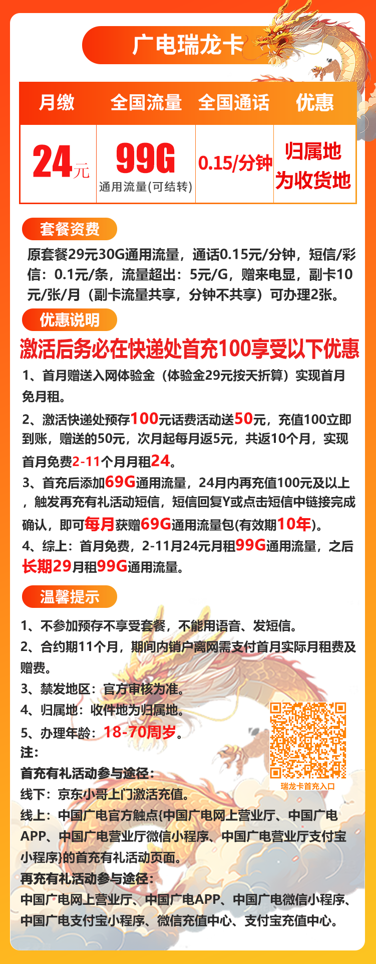 广电瑞龙卡丨24元99G（十二年套餐，收件地既归属地）BXH