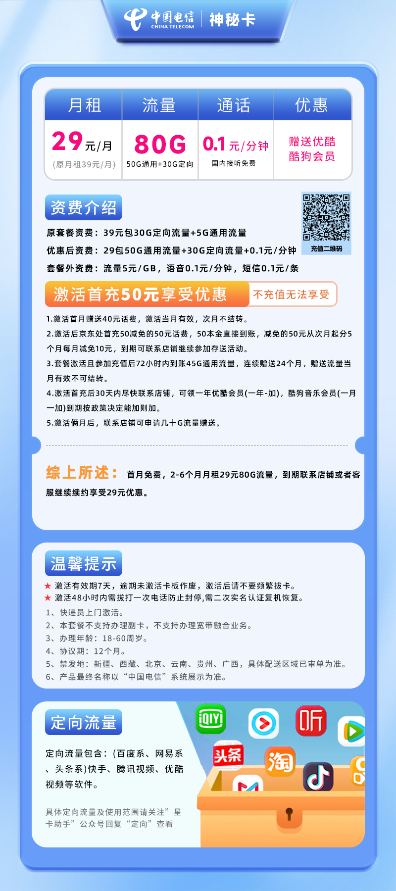 电信神秘卡29元80G(50G通用+30G定向)+0.1元/分钟
