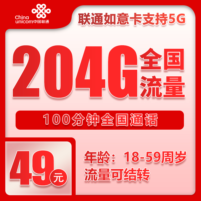 安徽大套餐49元204G+100分钟（自主激活，流量结转）