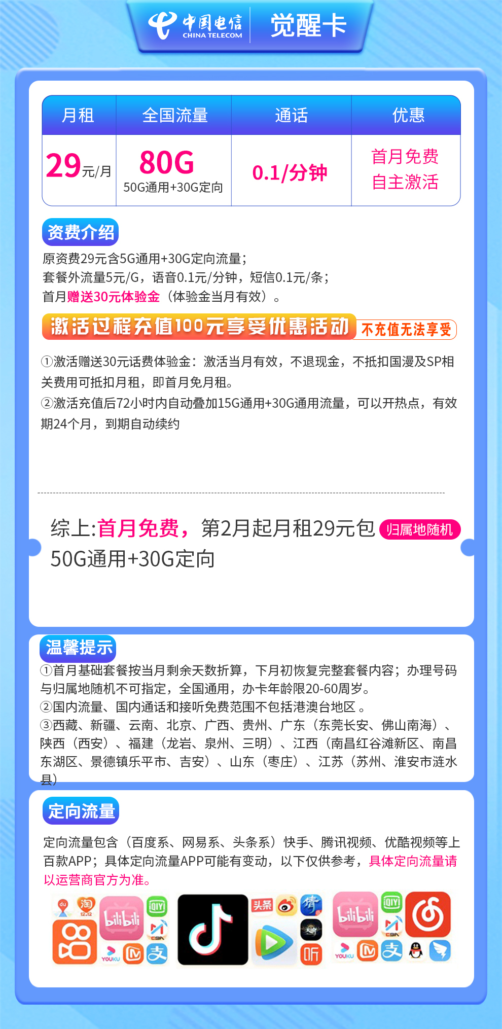 G1电信觉醒卡29元80G【长期套餐发全国】