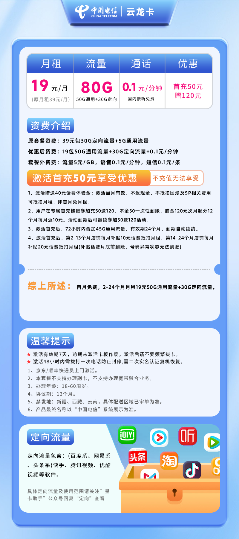 电信云龙卡19元80G流量（50G通用+30G定向）+0.1元/分钟通话