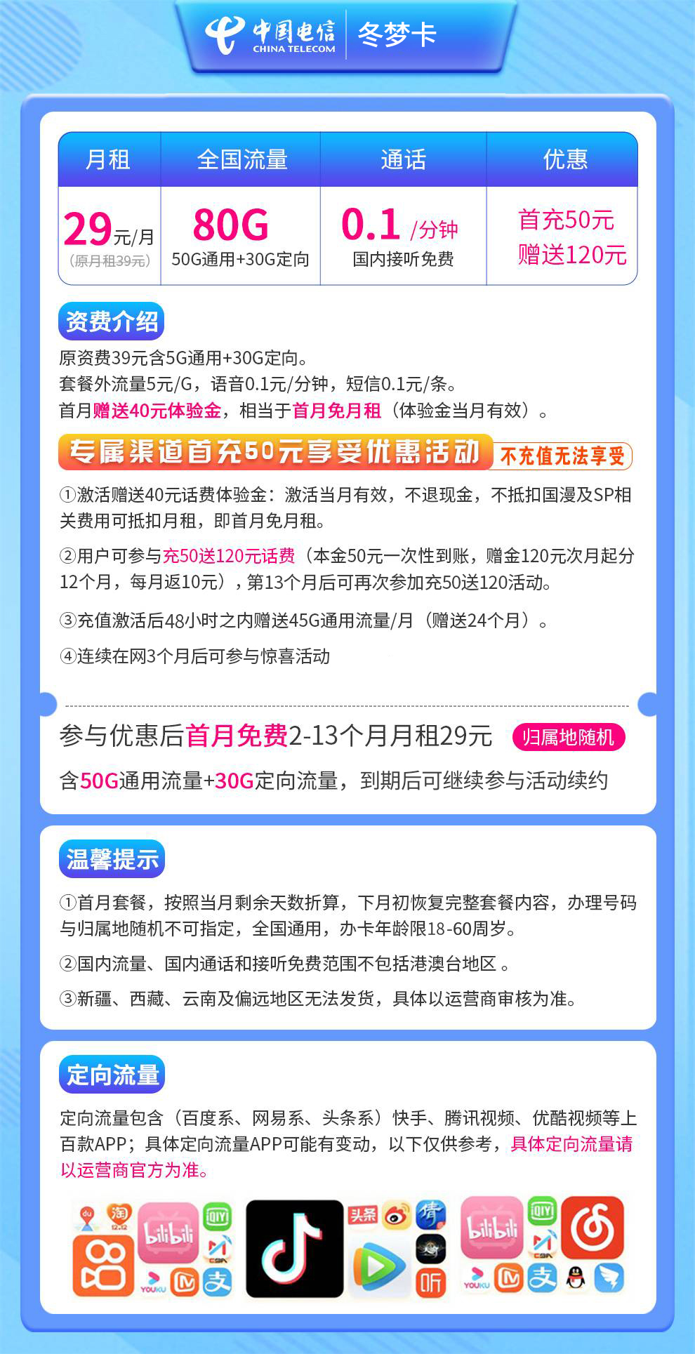 电信冬梦卡29元80G【发全国】
