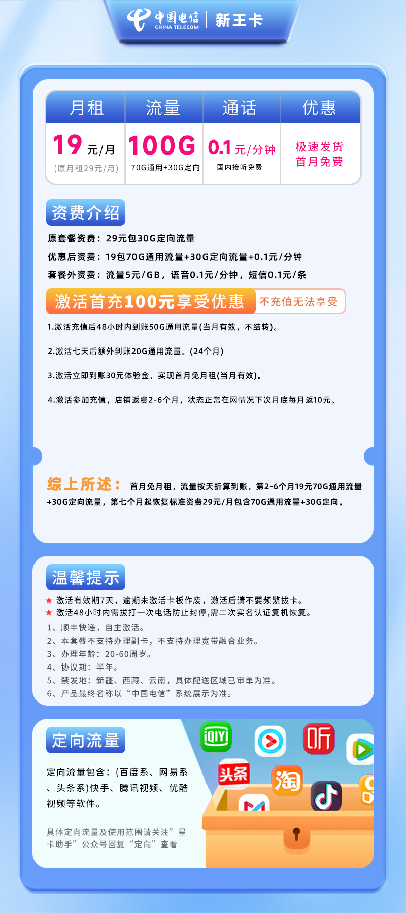 电信新王卡19元70G通用流量+30G定向流量