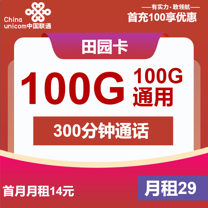 联通田园卡丨29元包100G通用+300分钟+视频会员