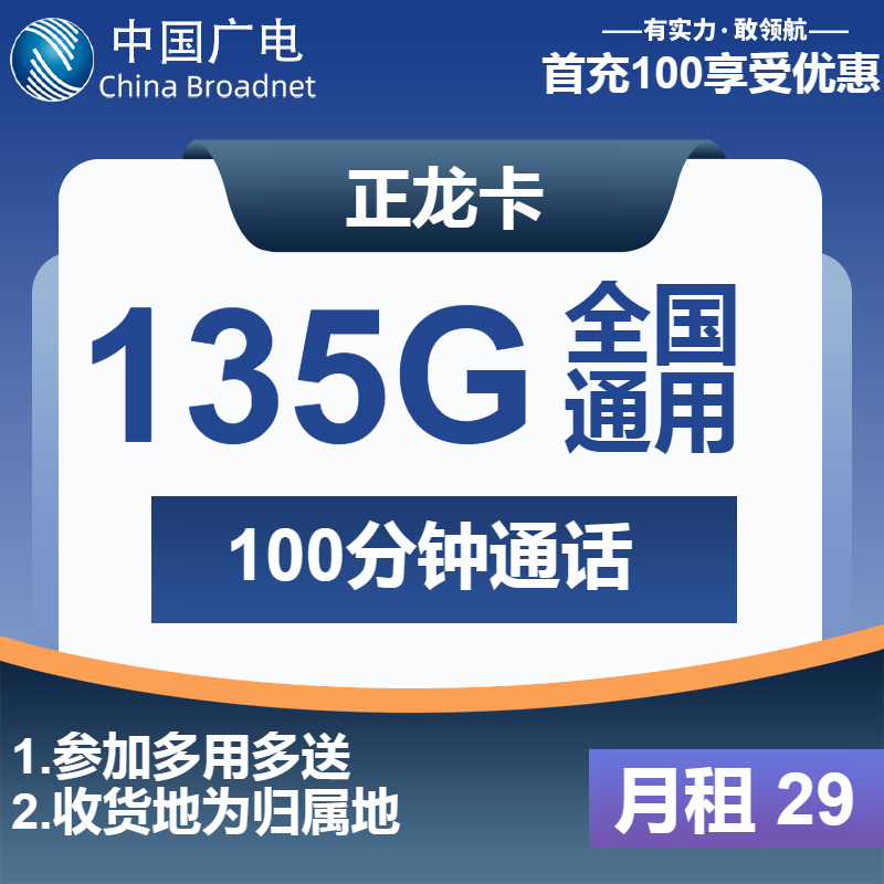 广电正龙卡丨29元包135G通用+100分钟通话