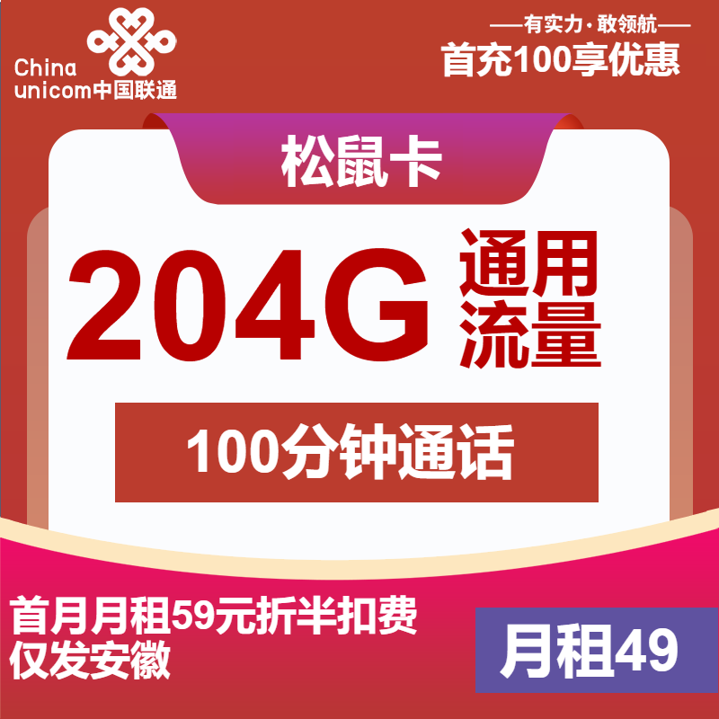 联通松鼠卡丨49元包204G通用流量+100分钟通话