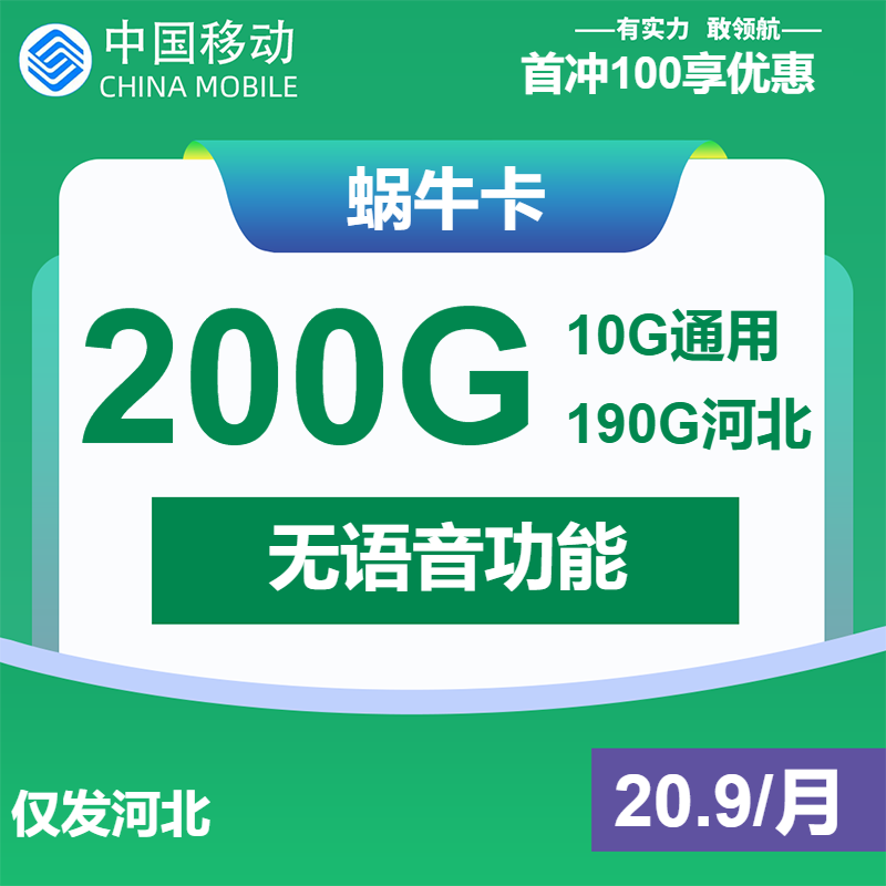 河北移动蜗牛卡丨20.9元包10G通用+190G河北通用+无语音功能