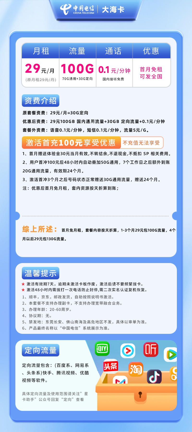 电信大海卡29元130G(100G通用+30G定向)+0.1元/分钟