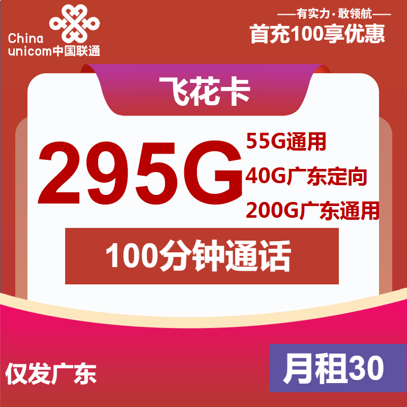 联通飞花卡丨30元包55G通用+40G广东定向+200G广东通用+100分钟