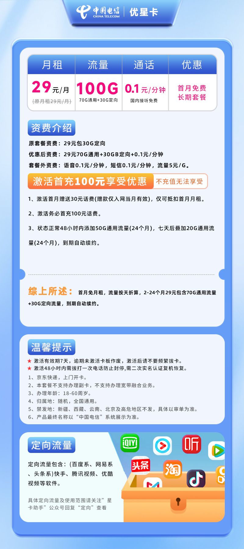 电信优星卡29元100G(70G通用+30G定向)+0.1元/分钟