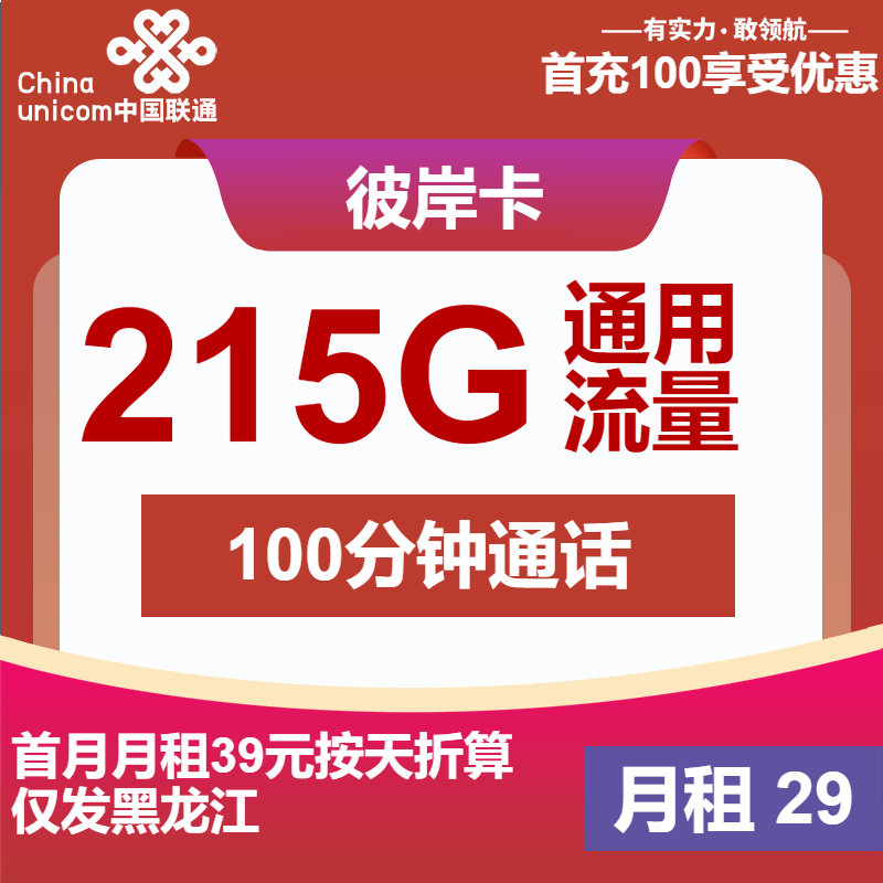 联通彼岸卡丨29元包215G通用+100分钟