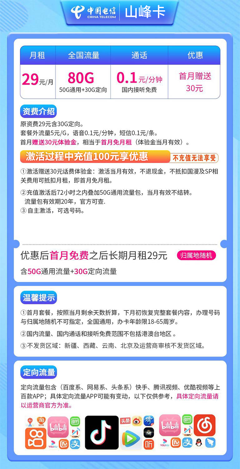 T电信山峰卡29元80G【发全国-20年长期套餐】