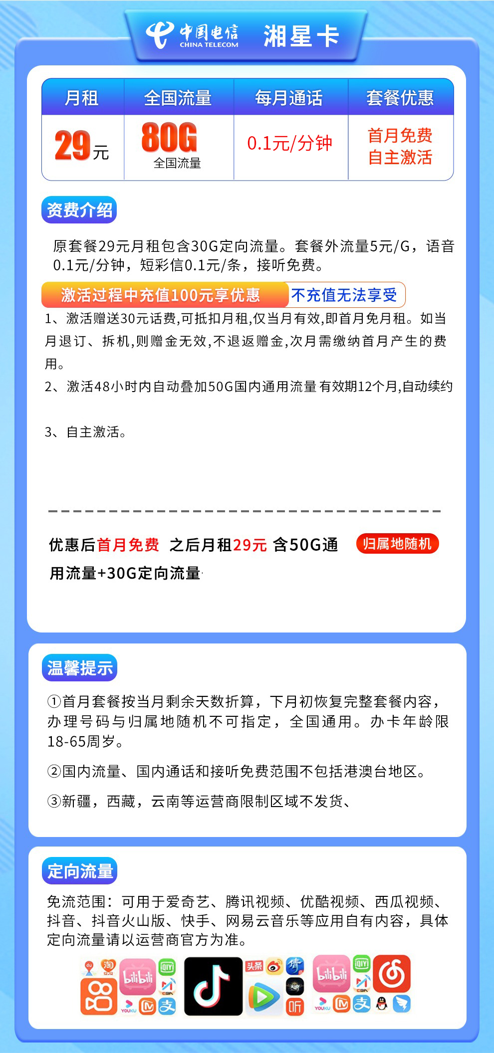 电信湘星卡29元80G流量