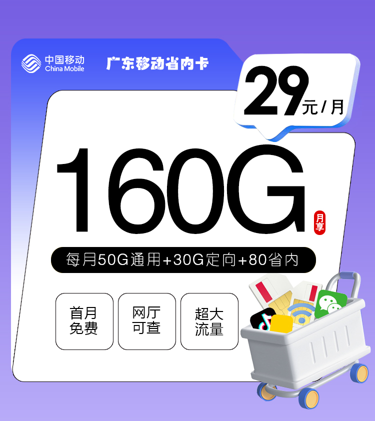 广东移动省内卡【29元160G】丨广东移动省内卡【29元160G】