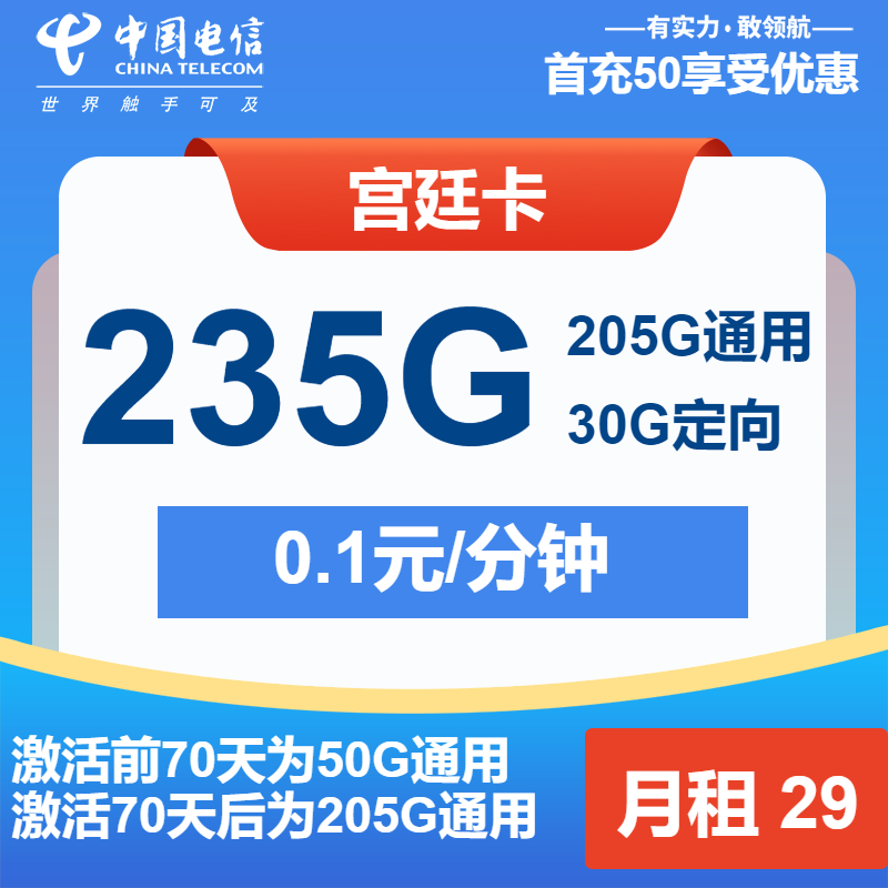 电信宫廷卡丨29元包205G通用+30G定向+通话0.1元/分钟