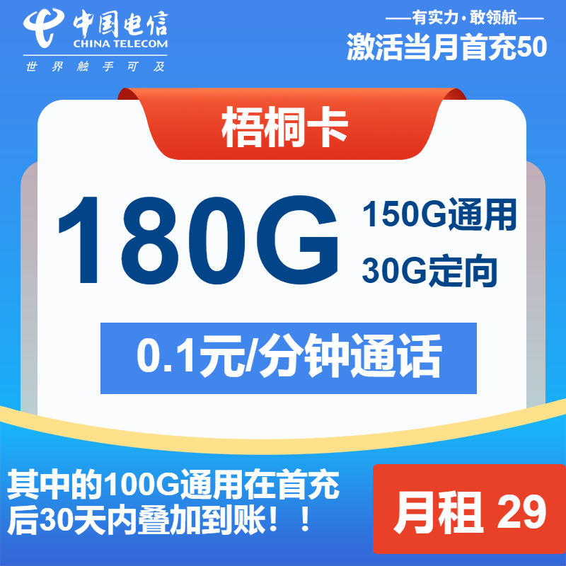 电信梧桐卡丨29元包150G通用+30G定向+通话0.1元/分钟