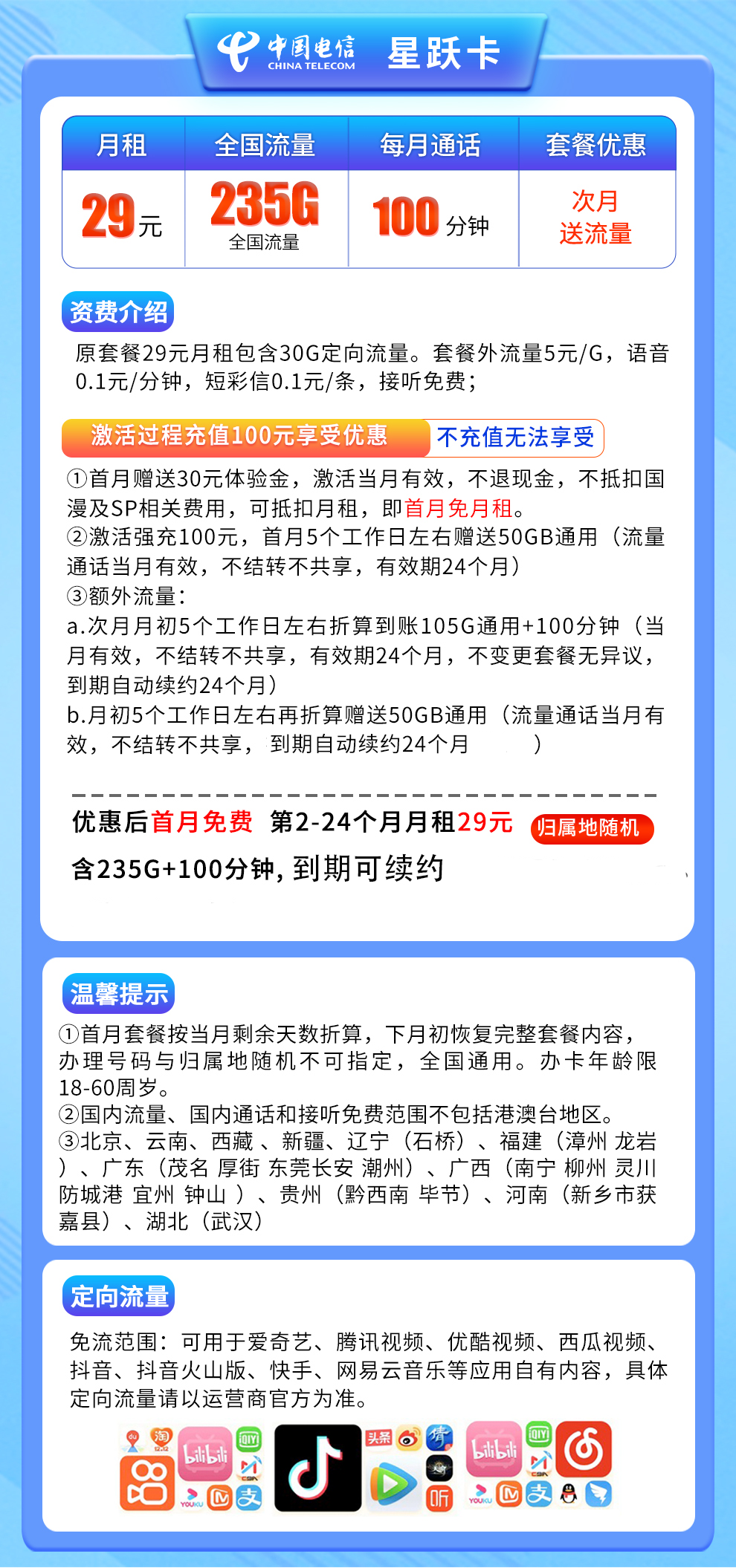 电信星跃卡29元235G+100分钟