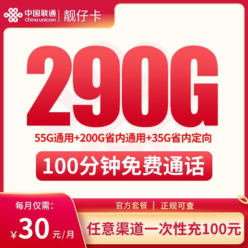 联通靓仔卡30元290G流量+100分钟