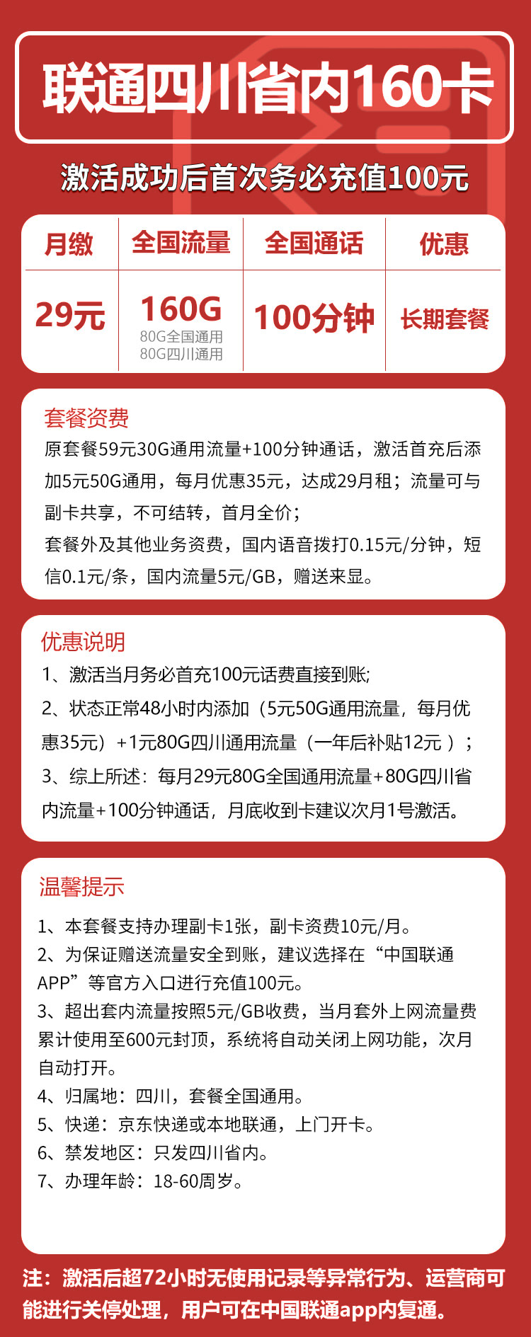 四川小联通丨29元160G+100分钟