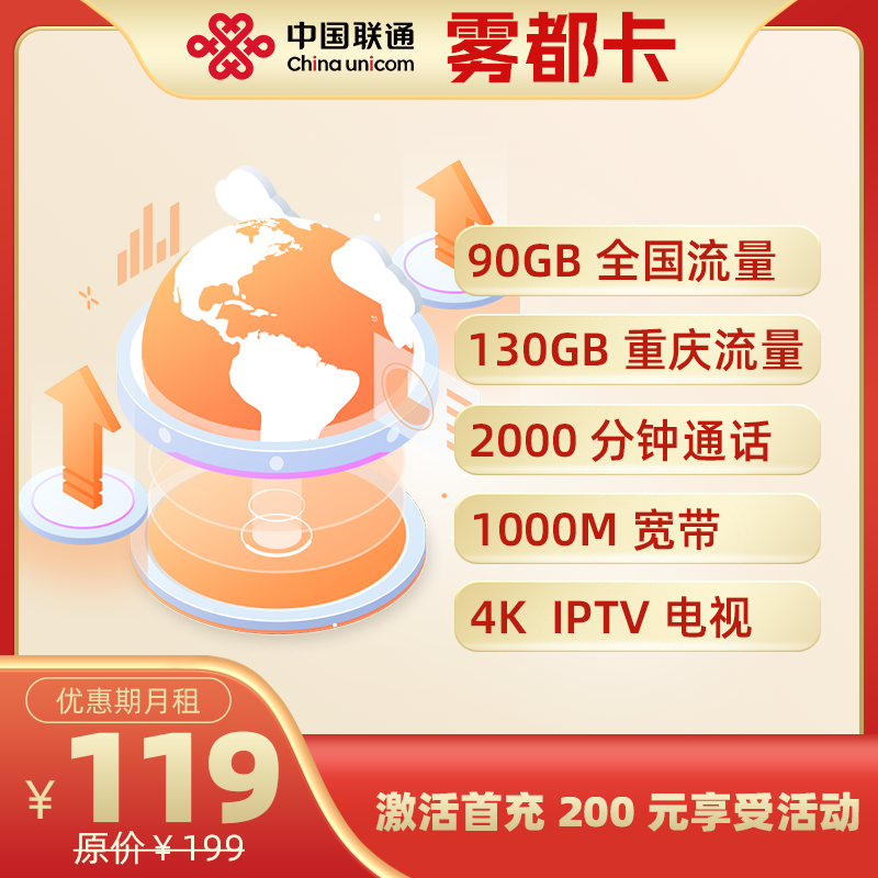 雾都卡119+宽带丨119元包220G流量+2000分钟通话+1000M宽带