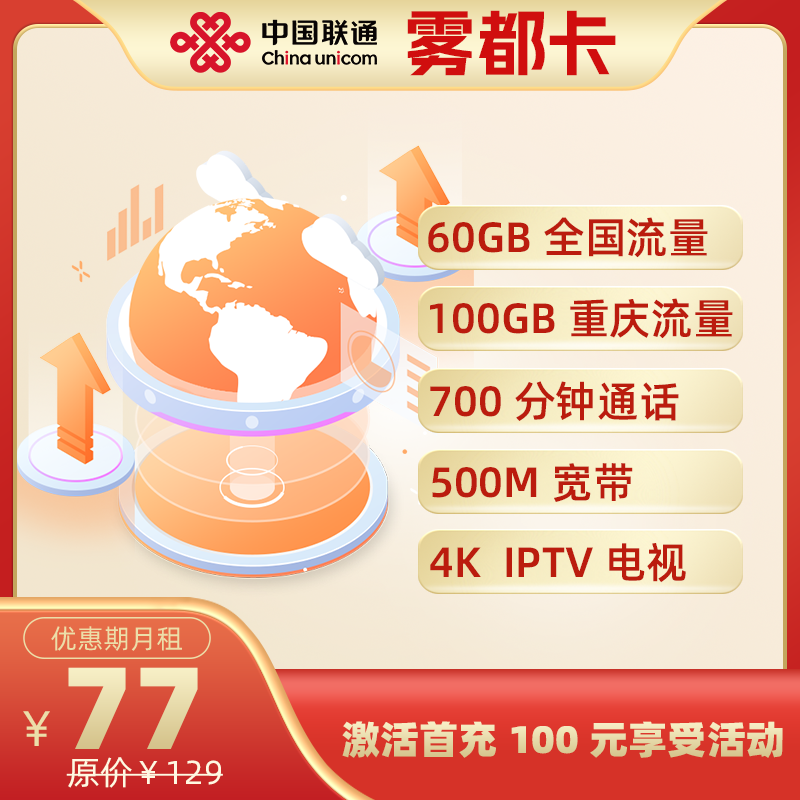 雾都卡77+宽带丨77元包160G流量+500分钟通话+700M宽带