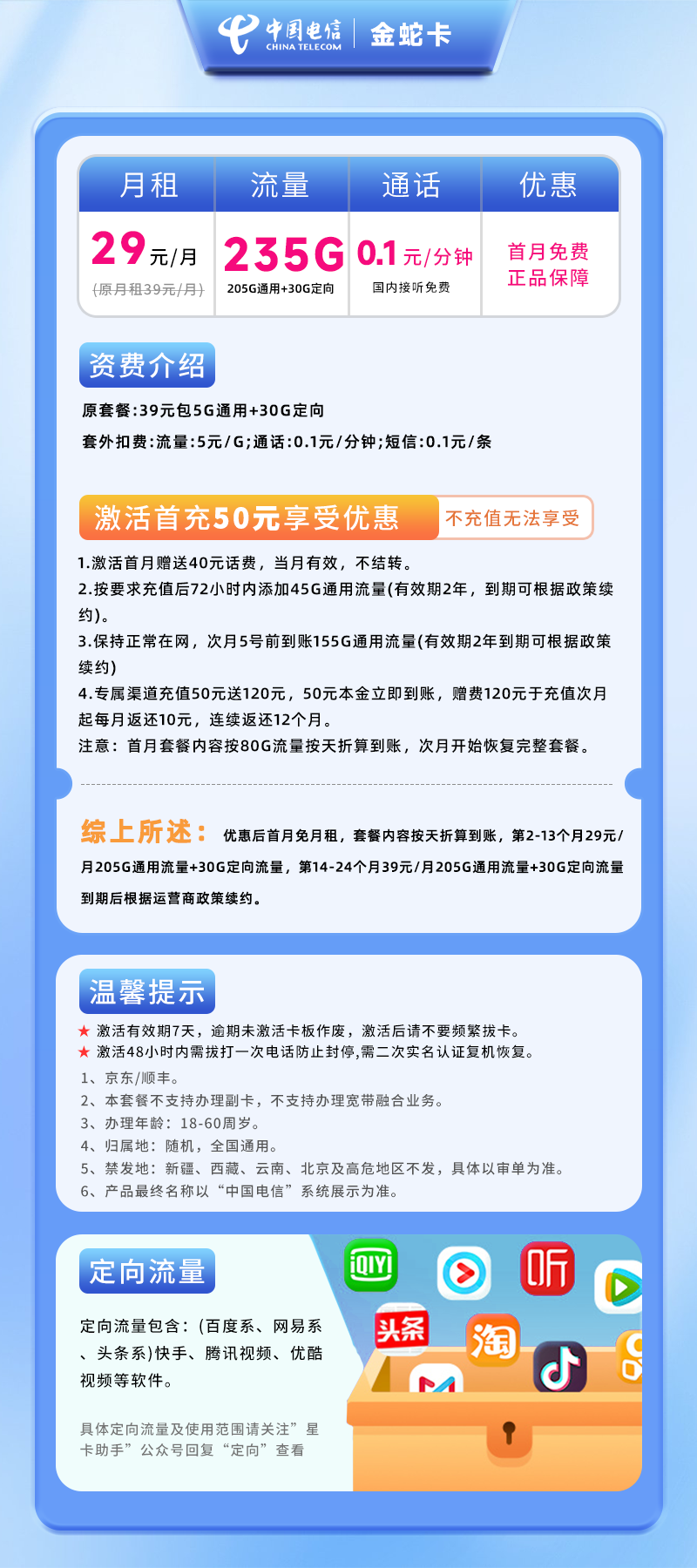 电信金蛇卡丨29元205G通用+30G定向