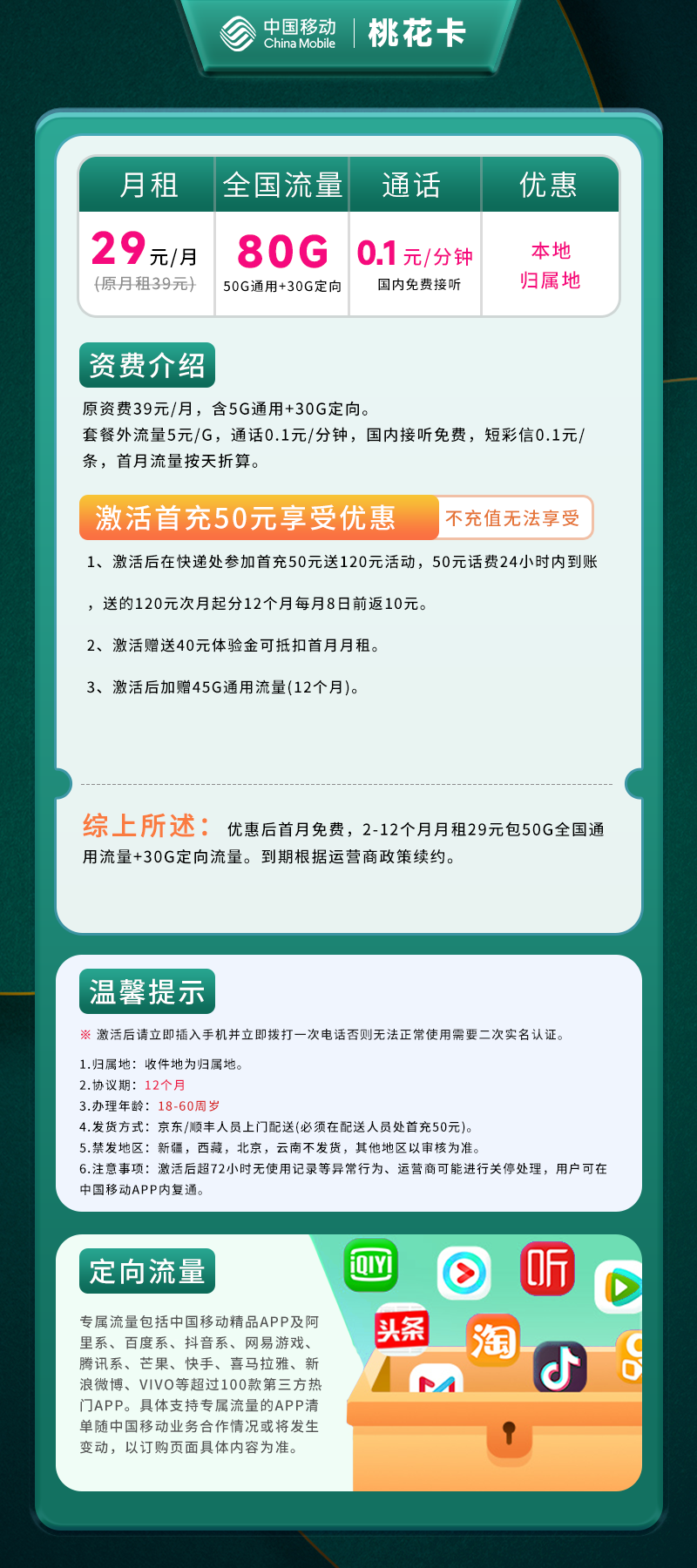 移动桃花卡丨29元80G(50G通用+30G定向)+0.1元/分钟