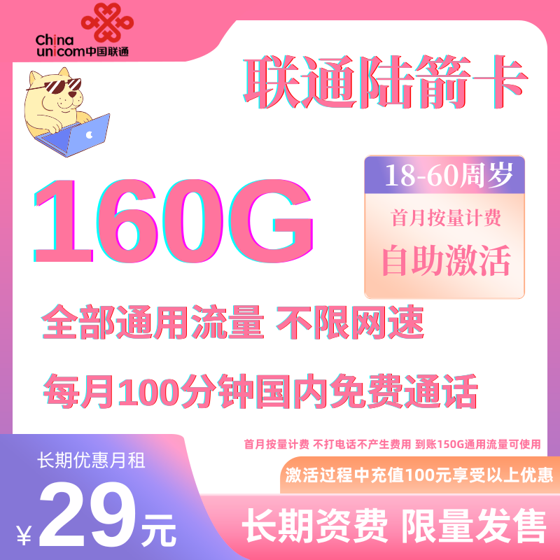 中国联通陆箭160G卡链接传三证BXH官方优惠29元160G全国通用流量+100分钟（自助激活,长期套餐）