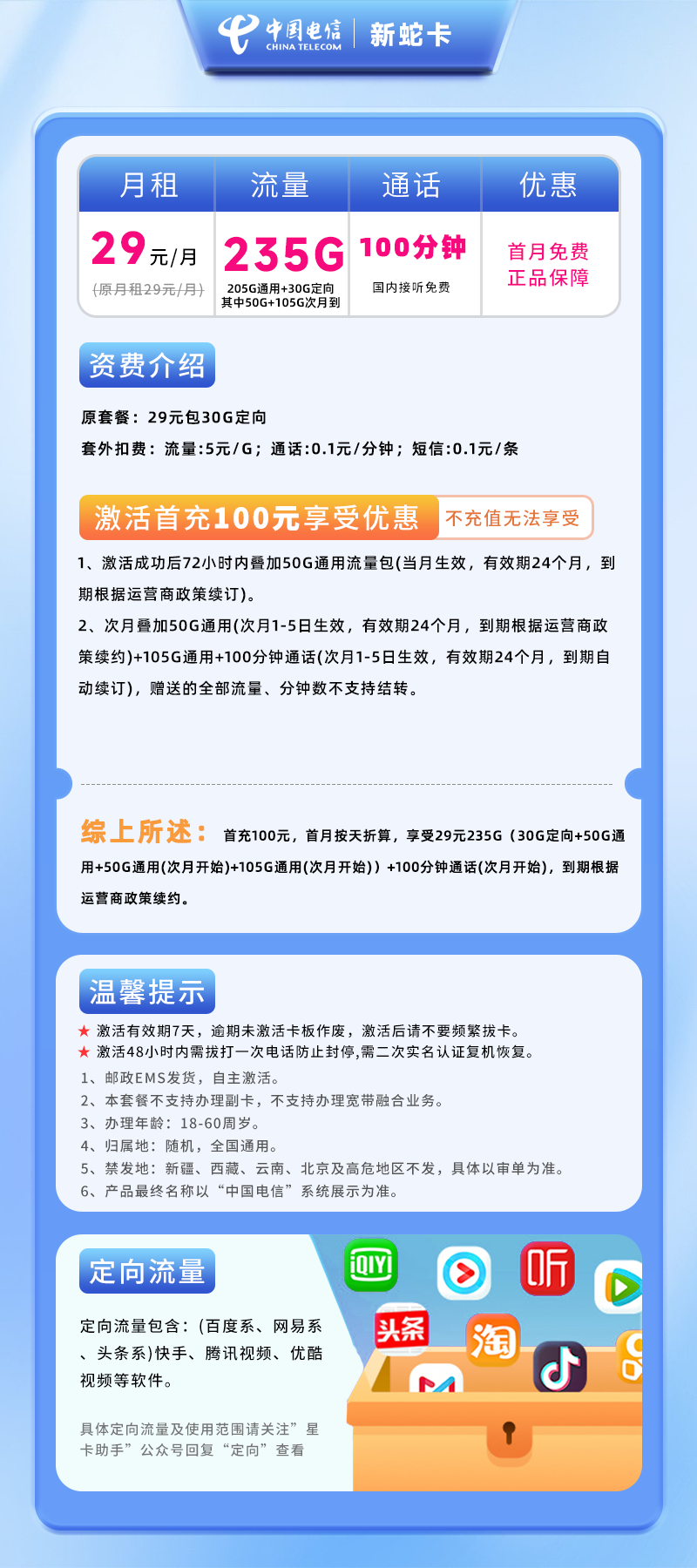 电信新蛇卡1.029元205G通用+30G定向+100分钟