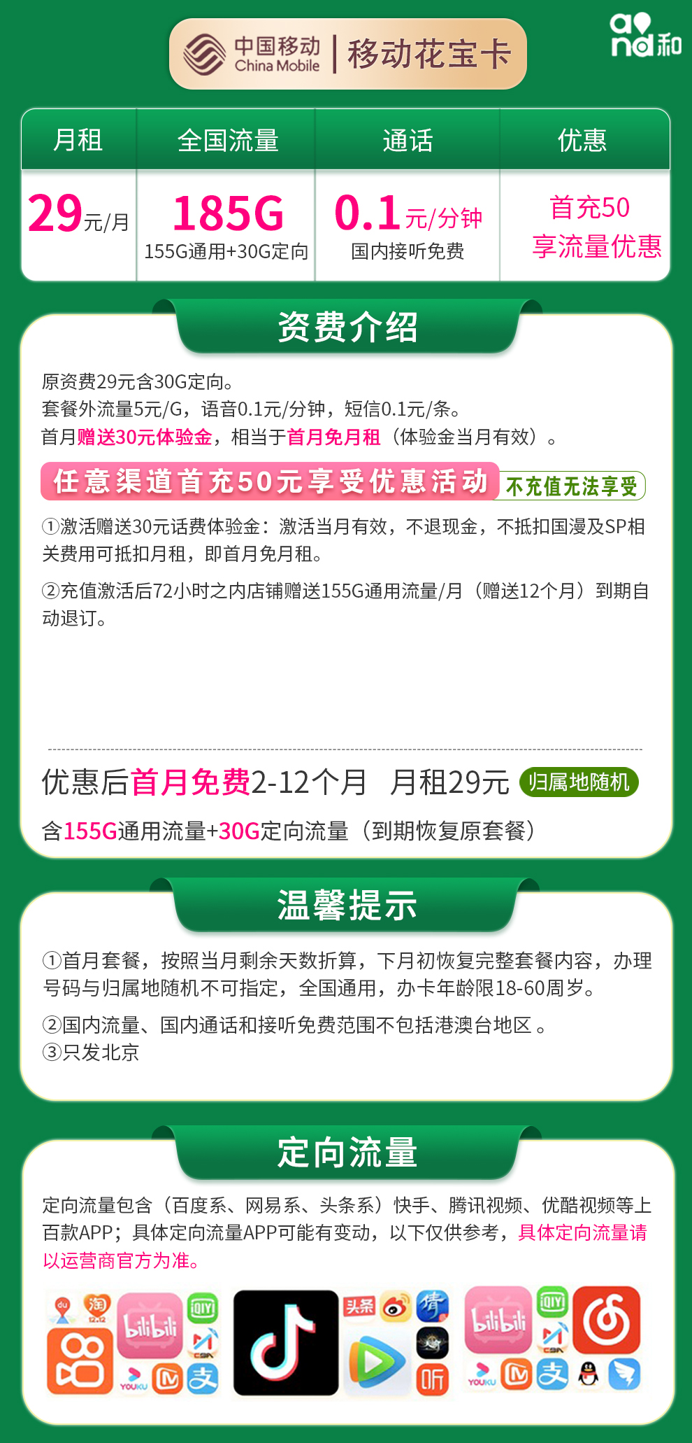 北京移动花宝卡29元185G【只发北京】