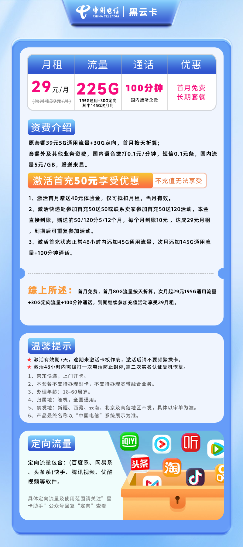 电信黑云卡29元225G+100分钟