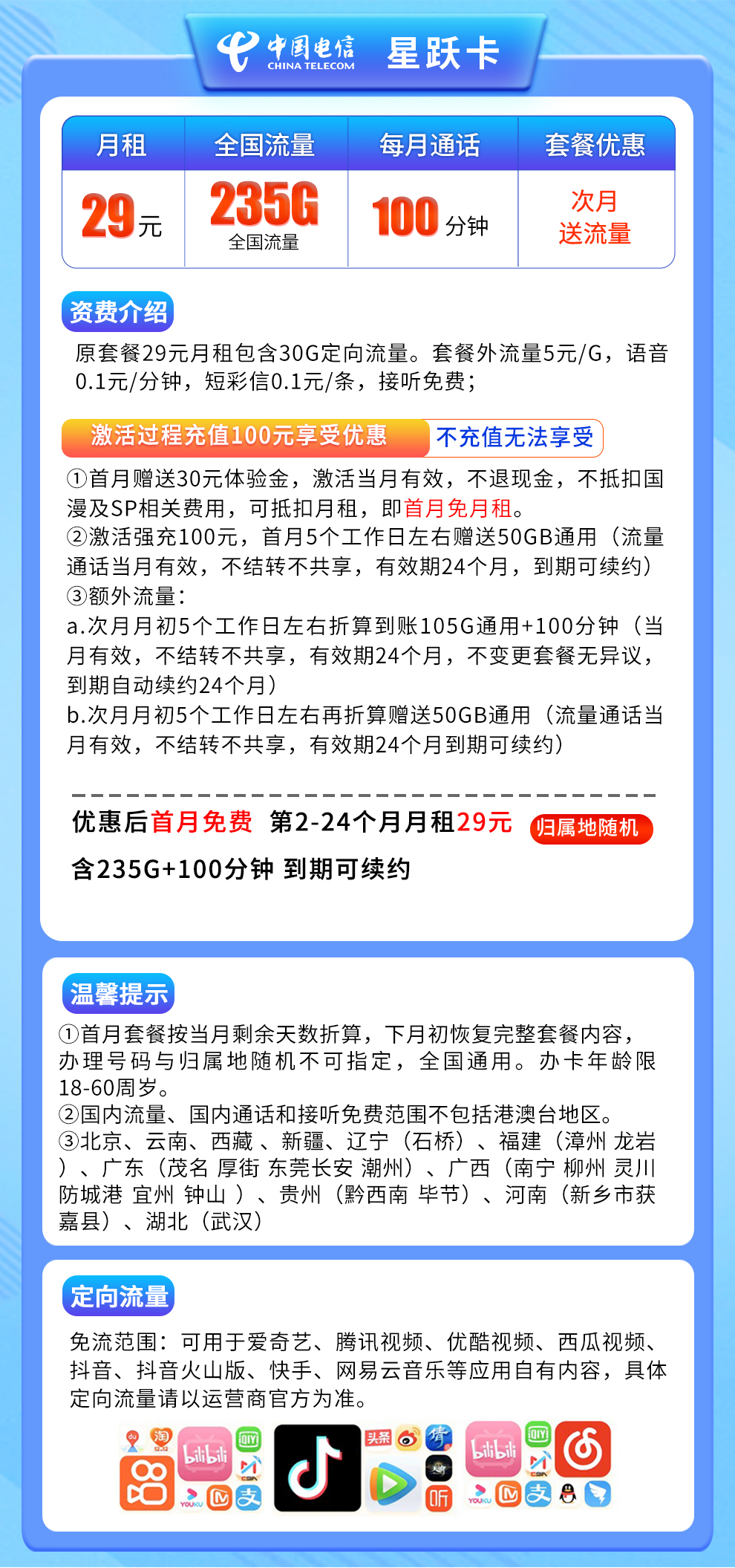 MF电信星跃卡29元235G+100分钟