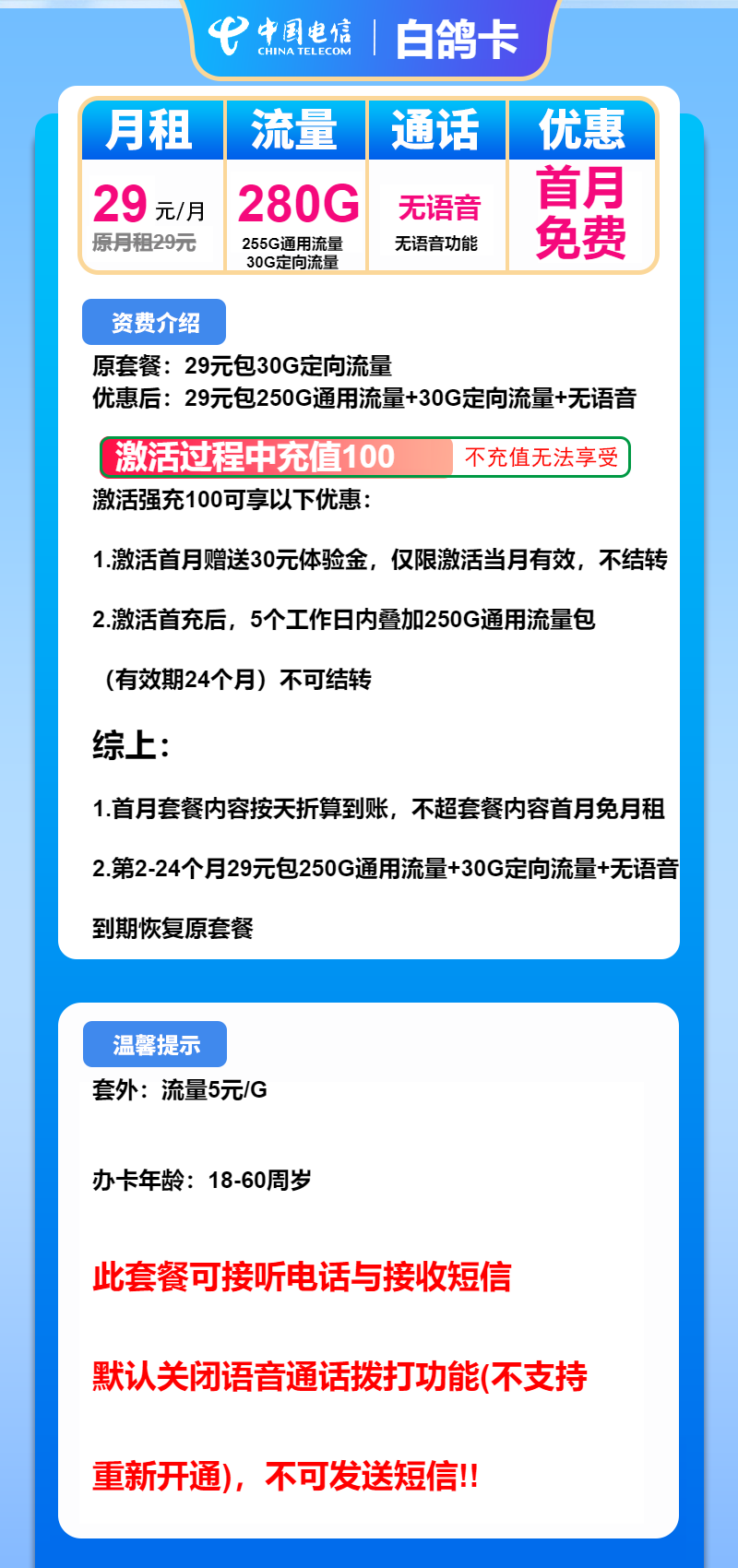 电信白鸽卡29元包250G通用+30G定向+无语音功能