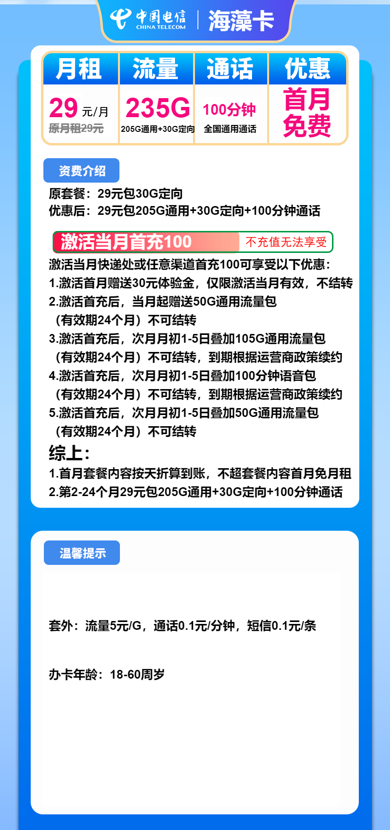 电信海藻卡29元包205G通用+30G定向+100分钟