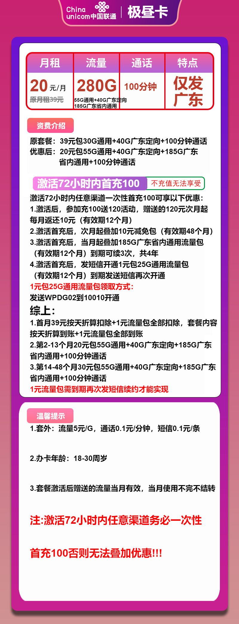 联通极昼卡20元包55全国通用+185G广东通用+40G广东定向+100分钟通话