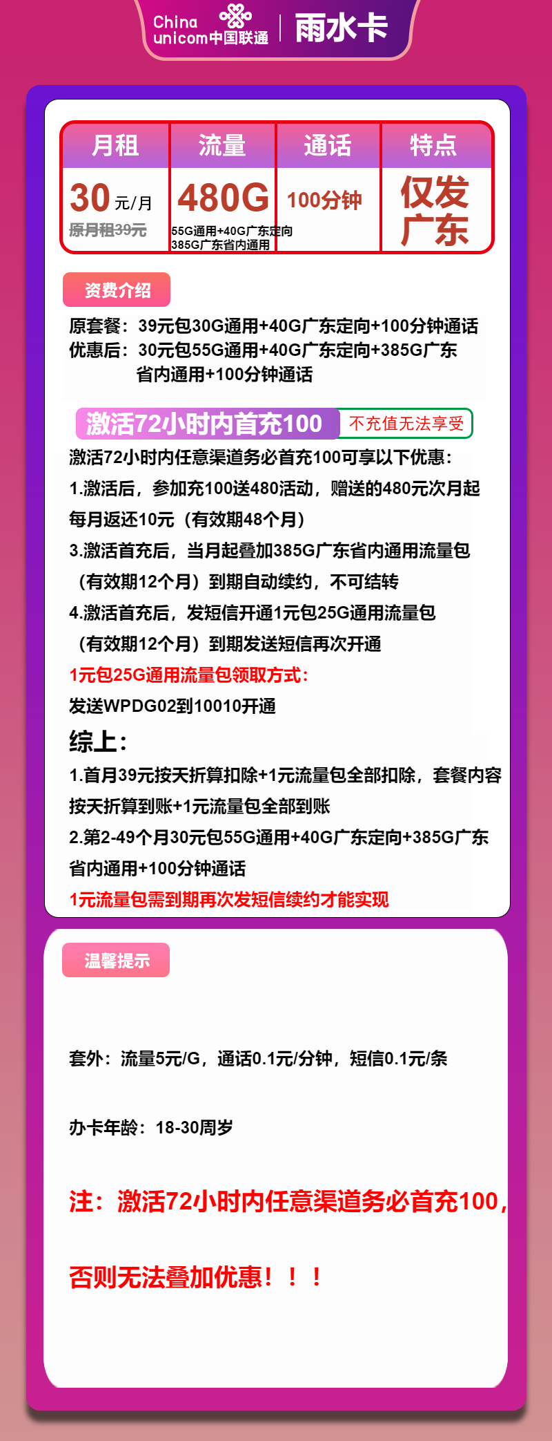 联通雨水卡30元包385G广东通用+55G全国通用+40G定向+100分钟