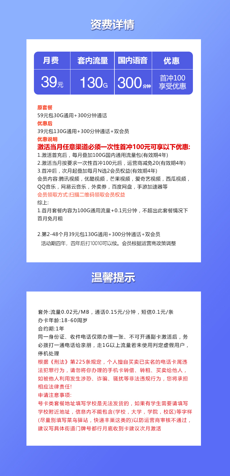 联通飞酷卡39元130G+300分钟