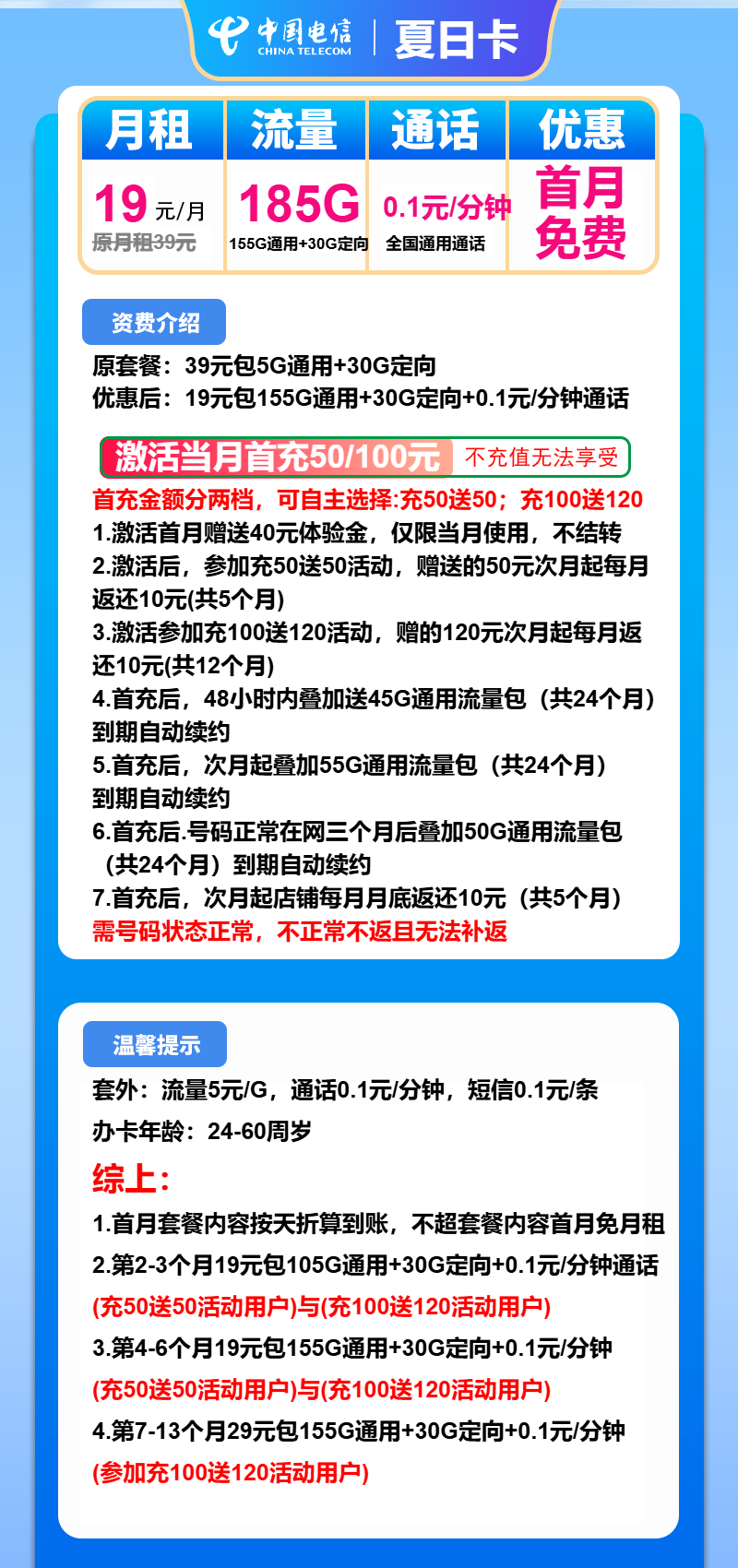 电信夏日卡19元包155G通用+30G定向+通话0.1元/分钟